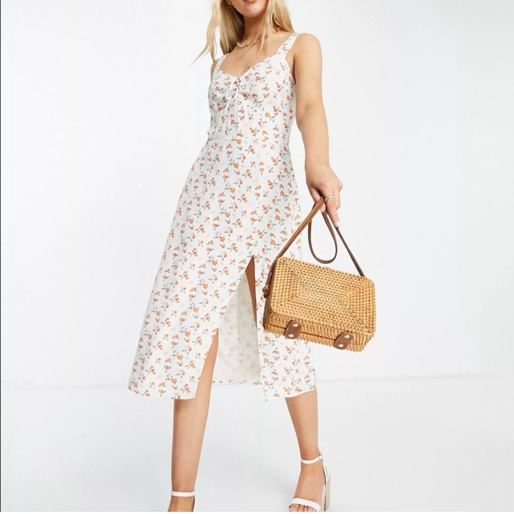 A&F Cinch Front White Peach Print Midi Dress Size Small